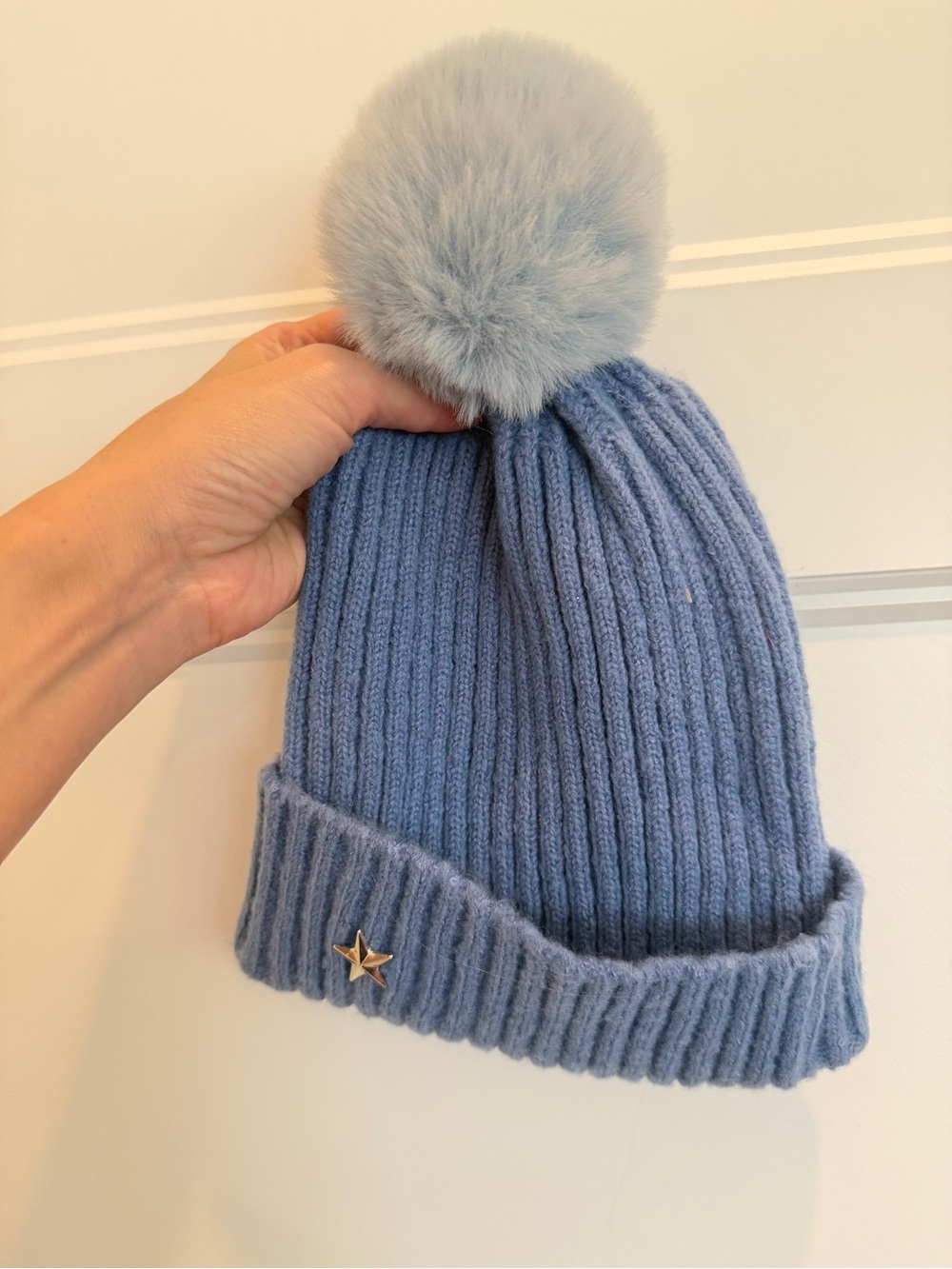 Blue Knit Pom Beanie with Star Pin